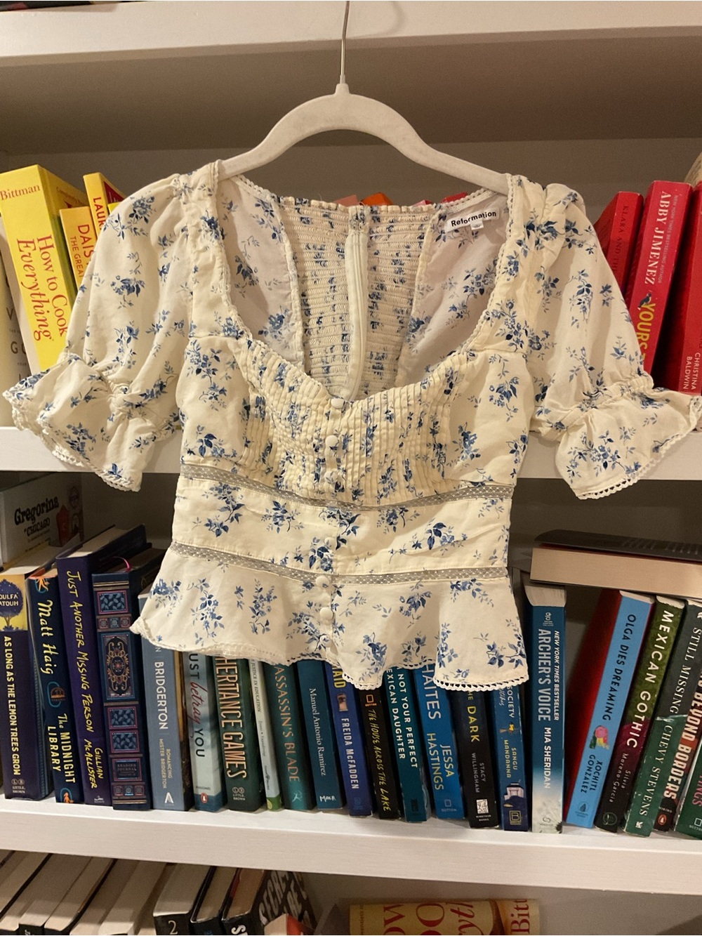 Reformation Cream Top with Blue Floral Print, Puff Sleeves